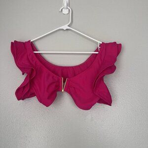 Women's Hot Pink Bikini Top Large Ruffle Sleeve V Cut Swim Water‎ Gold Embellish